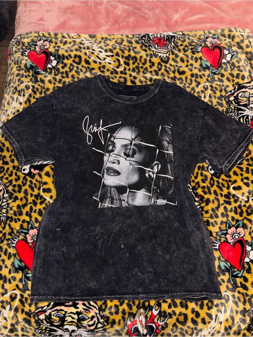 Guess Black Washed Short Sleeve Graphic Tee with Portrait